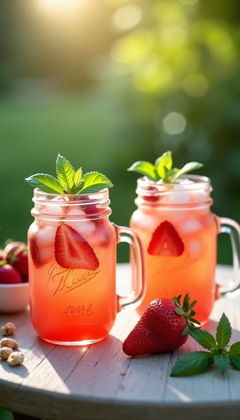 Strawberry Basil Sparkling Mocktails In Mason Jars