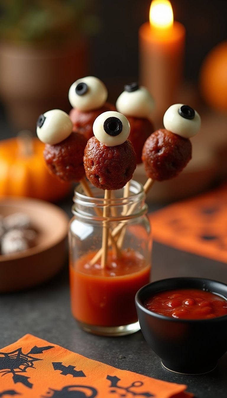 Eyeball Meatball Pops With Mozzarella Scary