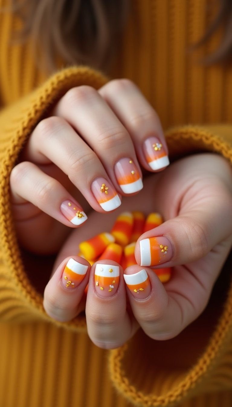 Candy Corn French Tips With Tiny Confetti