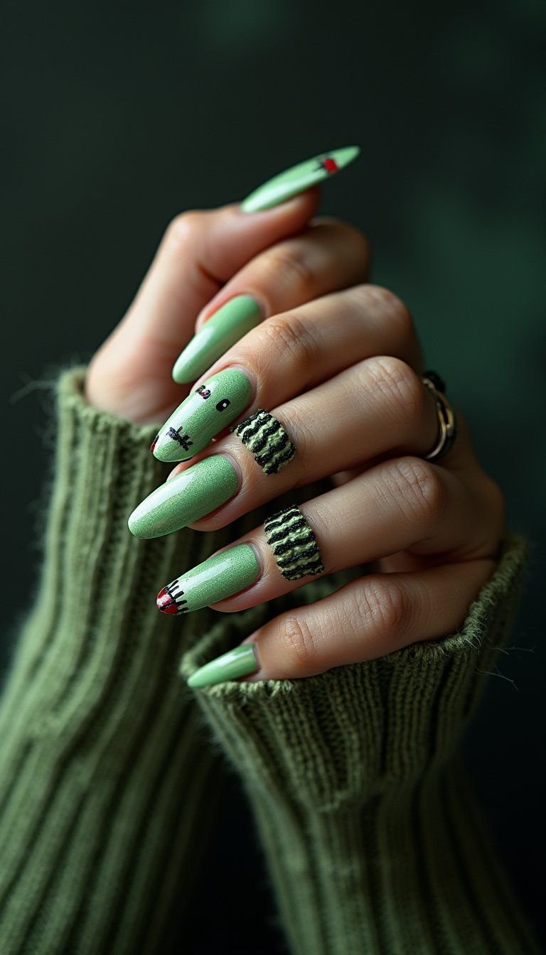 Frankenstein Patchwork Nails With Stitched Details