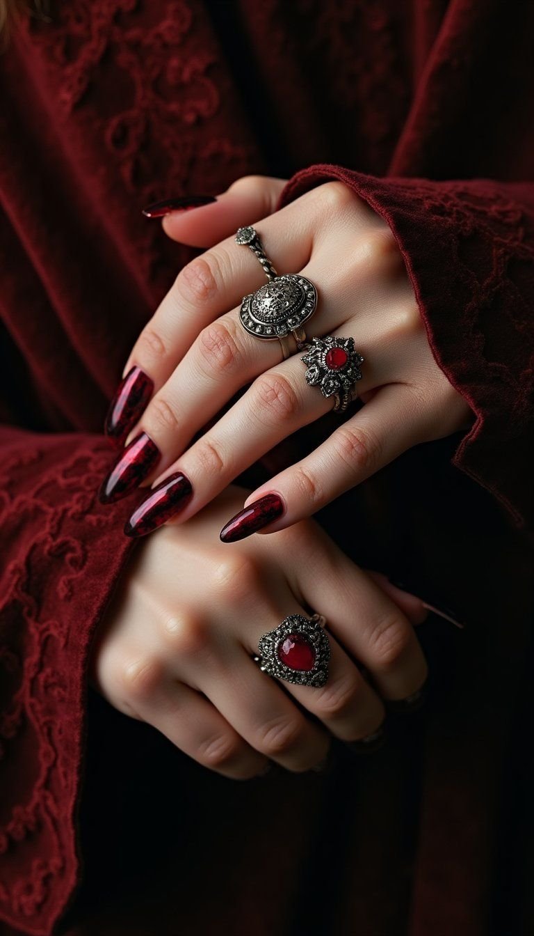 Gothic Lace Stencil Nails In Rich Jewel Tones