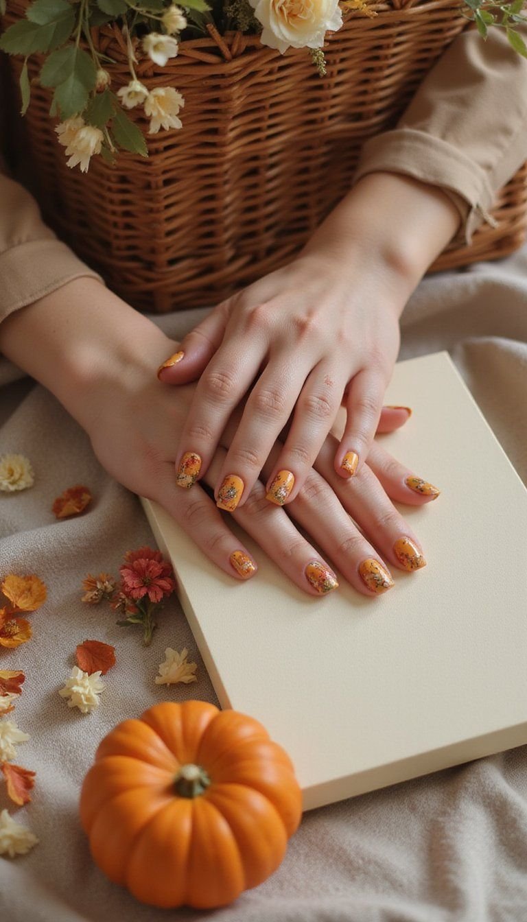 Harvest Floral Nails With Tiny Pumpkin Accents