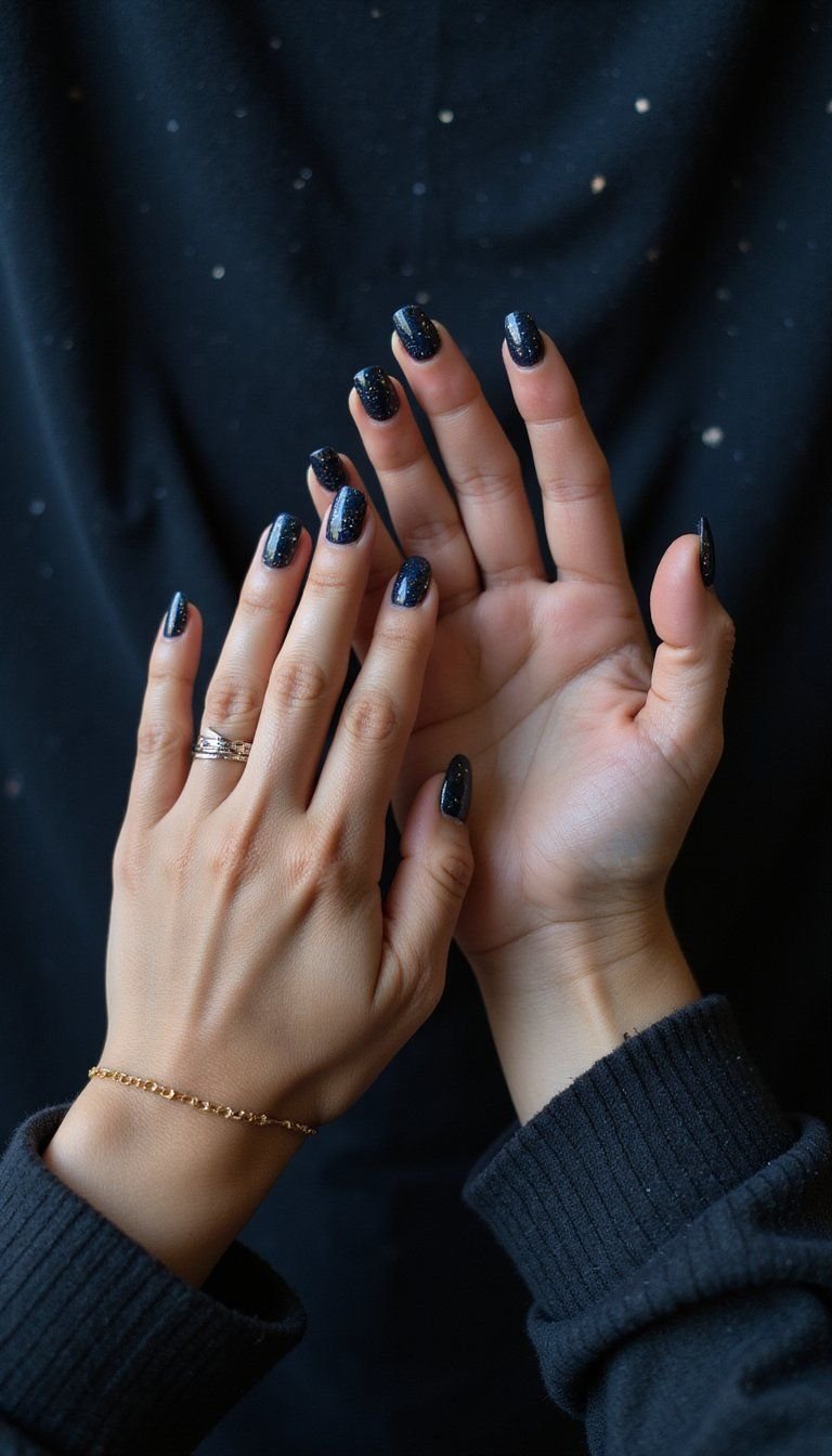 Holographic Midnight Sky Nails With Star Flakes