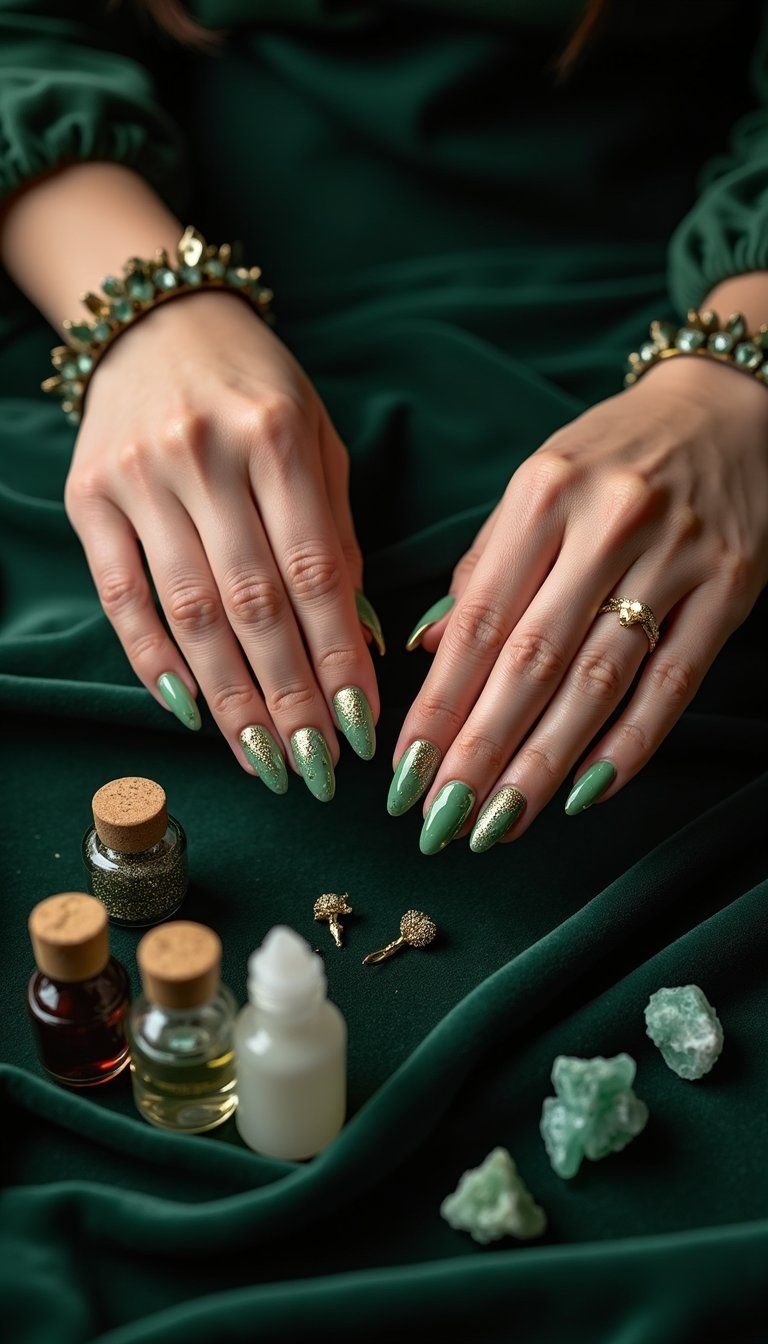 Witchy Green Marble Nails With Gold Foil