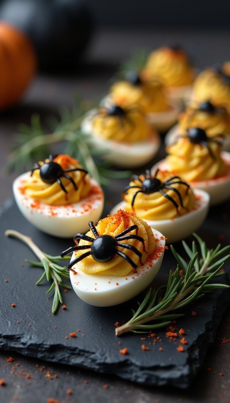 Creepy Deviled Eggs With Olive Spider Toppers