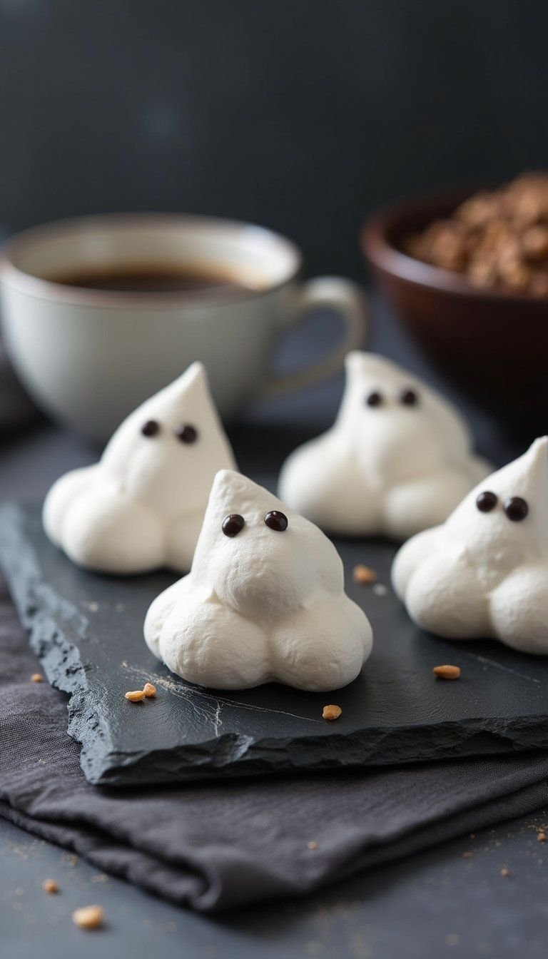 Ghost Meringue Kisses On Spooky Dessert Tray