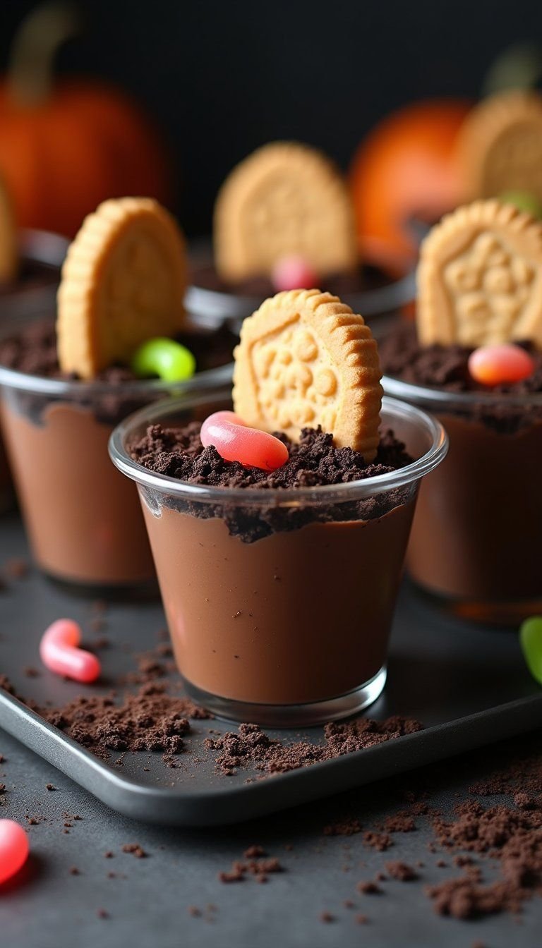 Graveyard Chocolate Pudding Cups With Cookie Tombstones