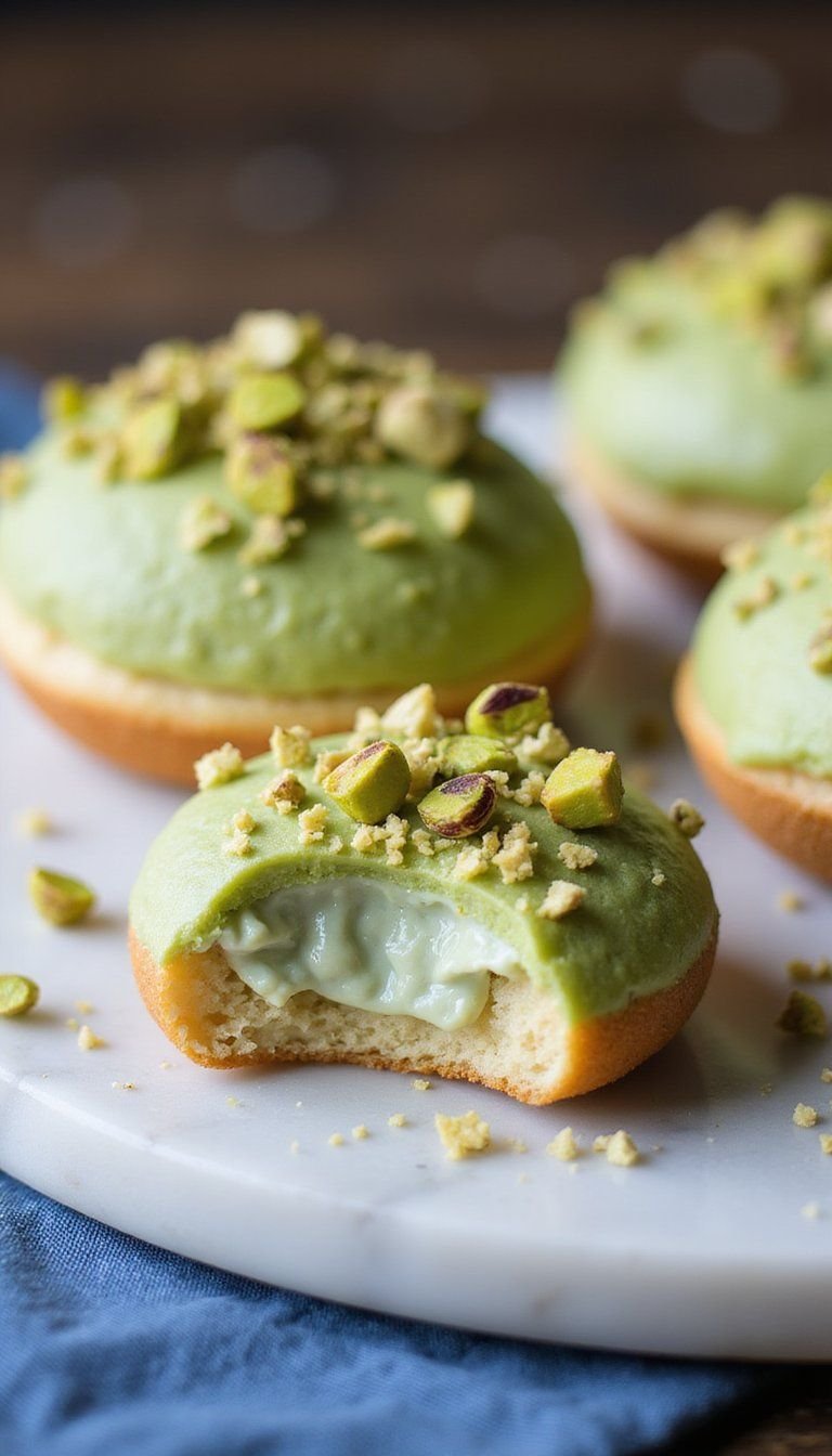Pistachio Cream Filled Sufganiyot with Crushed Nuts