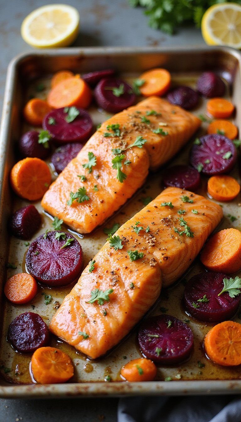 Sheet-Pan Honey-Ginger Salmon with Roasted Roots