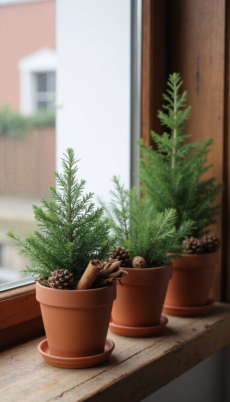 Mini Evergreen Arrangements In Clay Pots