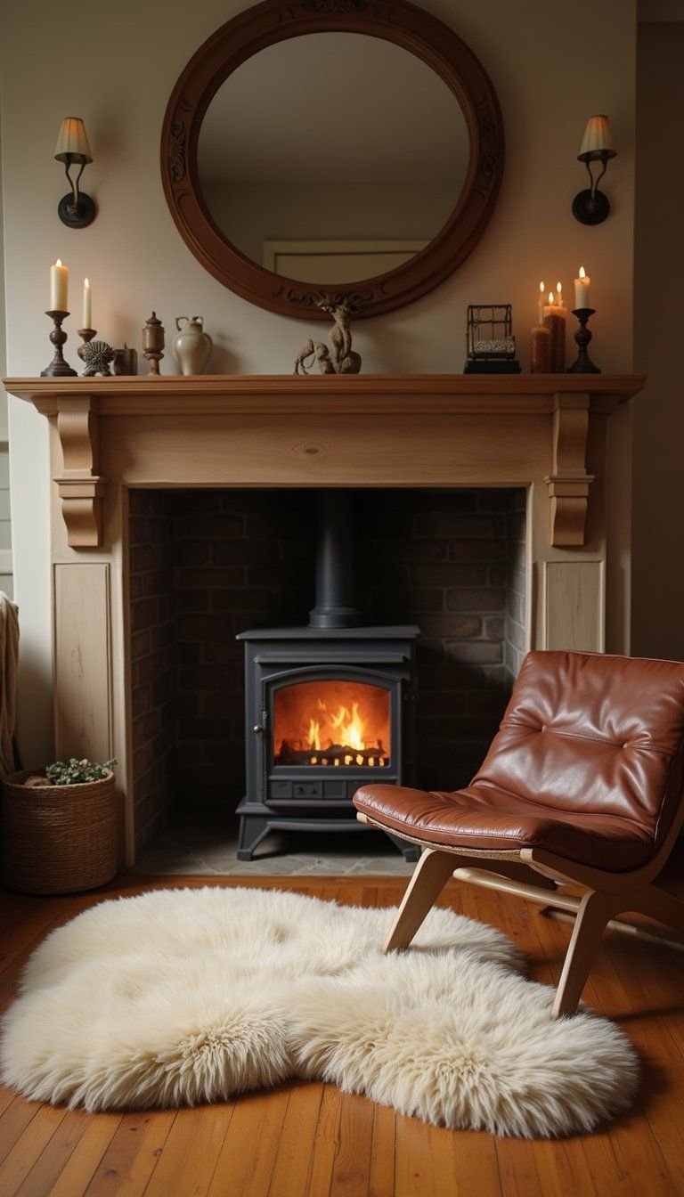 Sheepskin Rug Underfoot By Cozy Fireplace