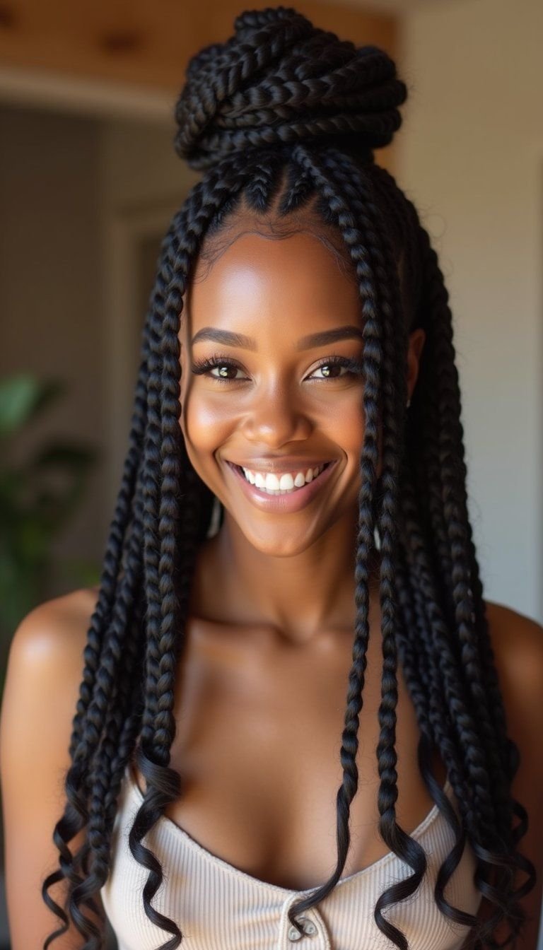 Bob-Length Knotless Box Braids With Curled Ends