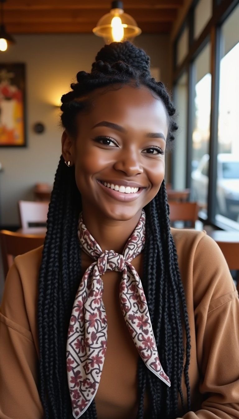 Wrapped Base Knotless Box Braids With Scarf Wrap