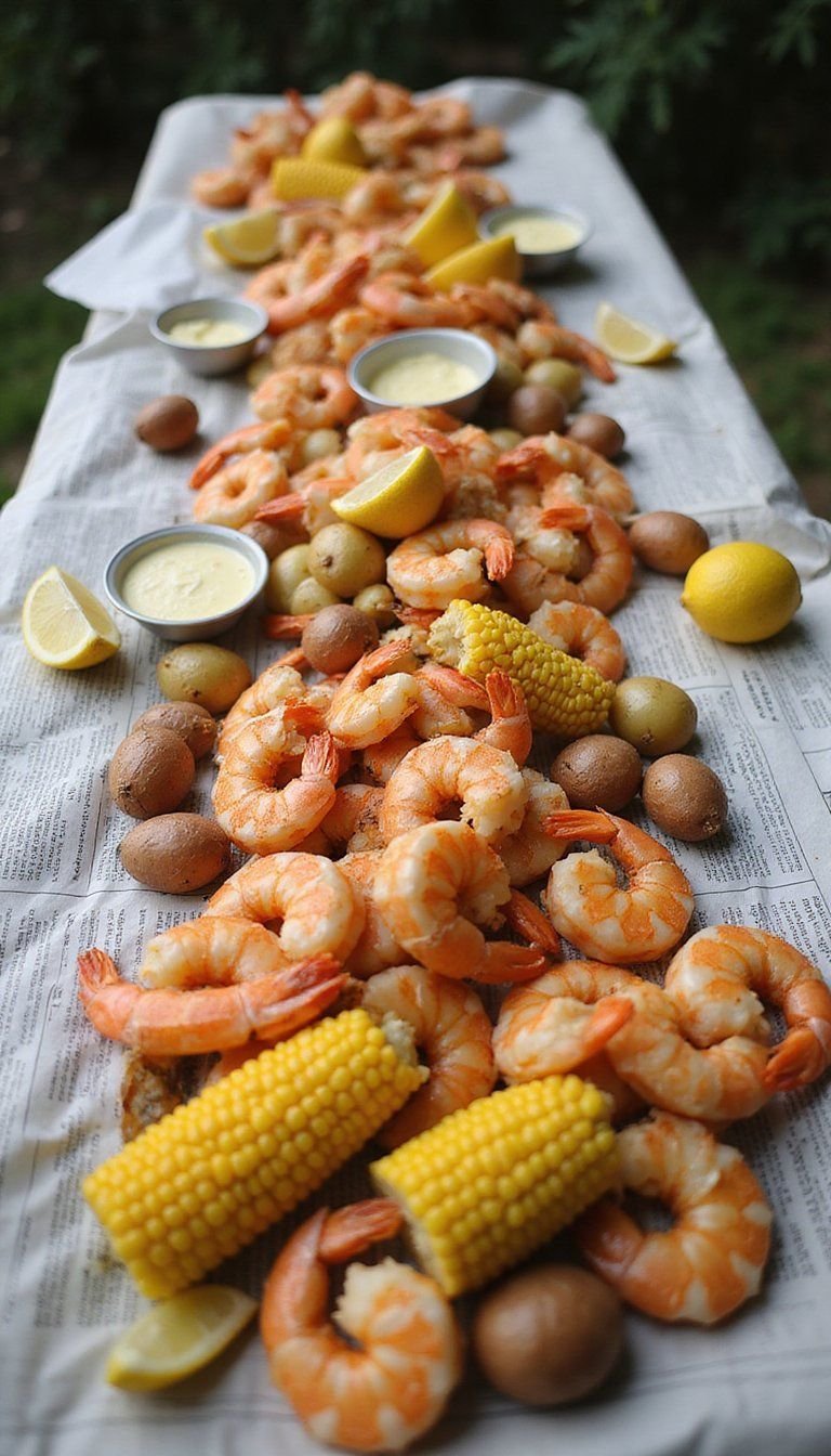 Seafood Boil On Newspaper Table Spread
