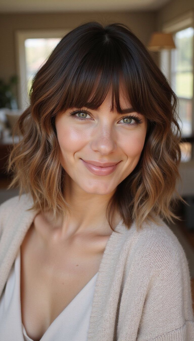 Layered Lob With Curtain Bangs And Soft Waves