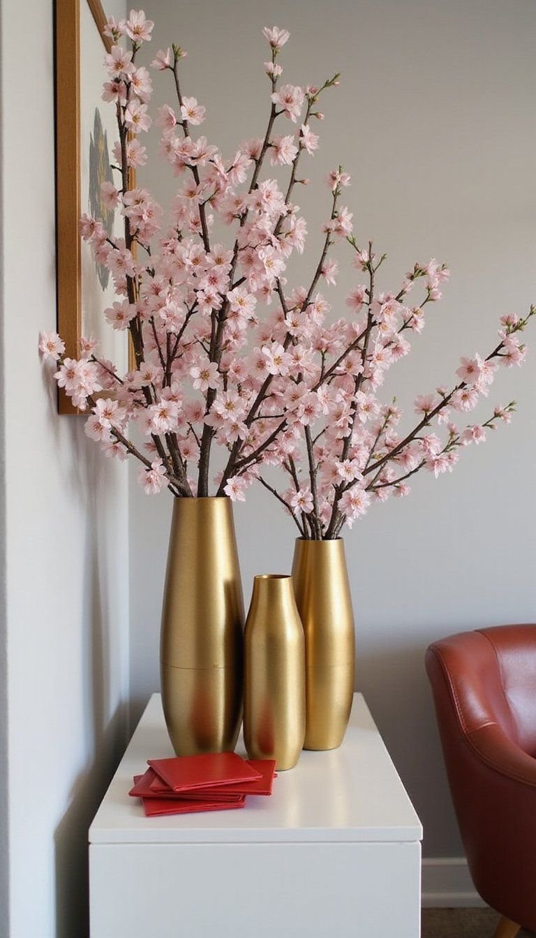 Cherry Blossom Branches in Gold Vases