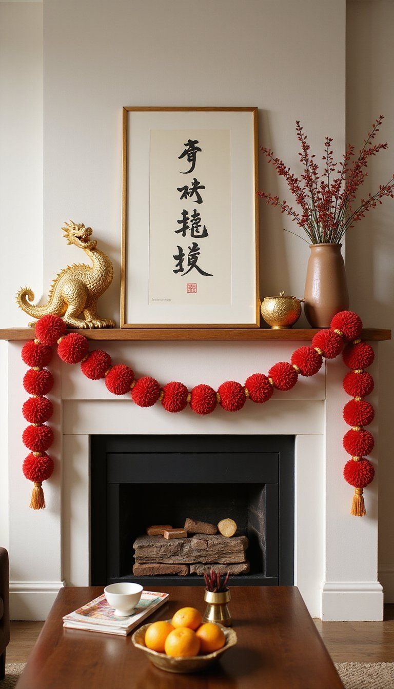 Dragon Mantel Display with Festive Garland