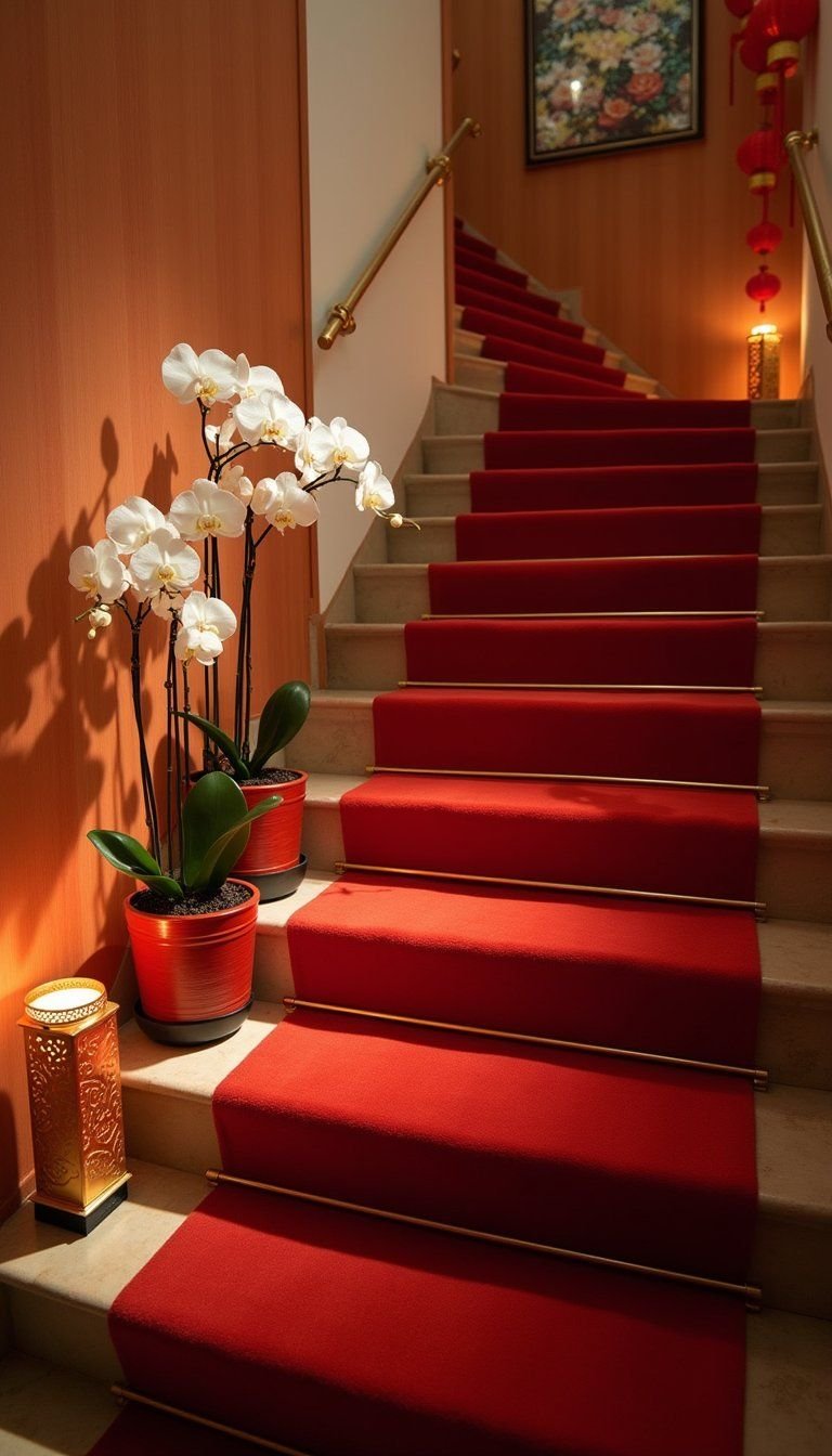 Festive Stair Runner With Red Carpets And Orchids