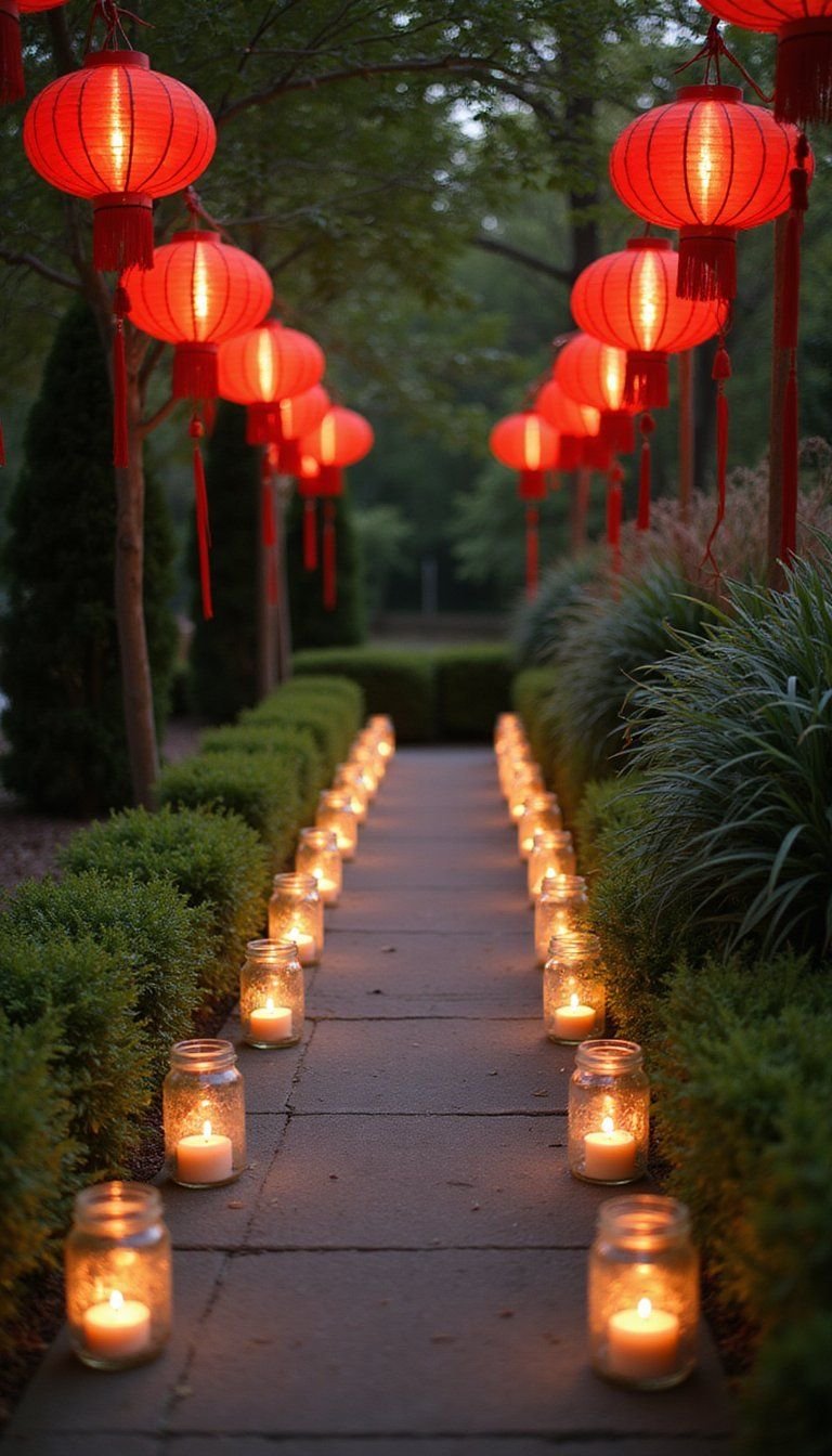 Outdoor Lantern Pathway with Warm Lighting