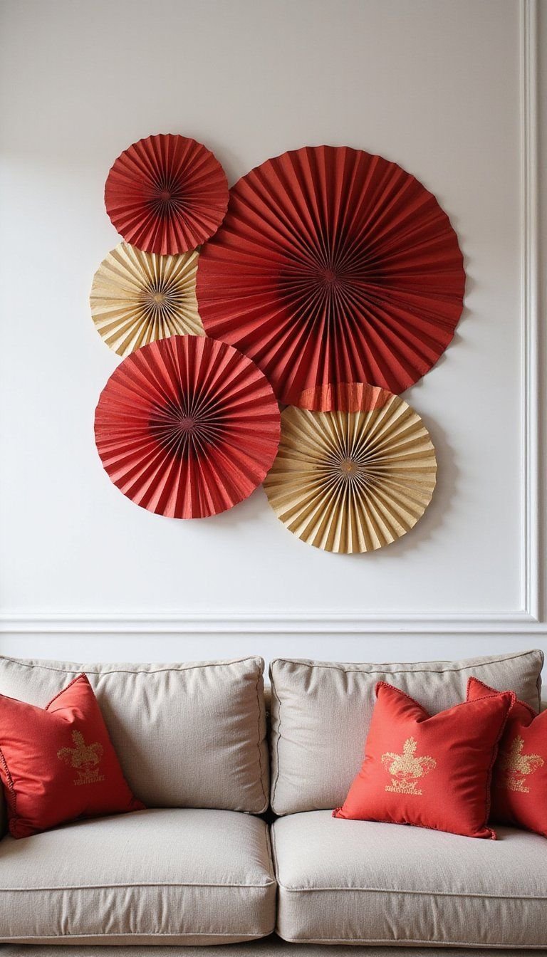 Silk Fan Wall Art Cluster in Red and Gold