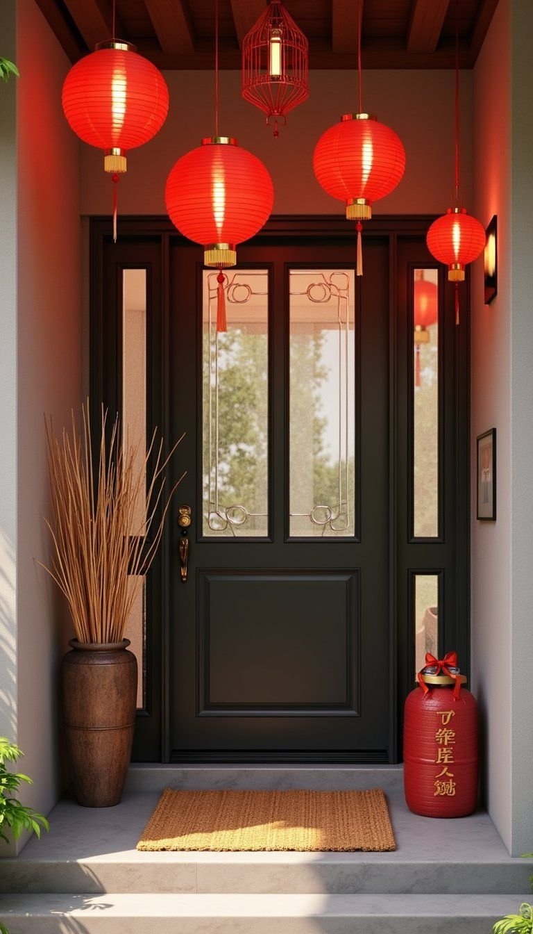 Traditional Red Lantern Entryway Welcome Display