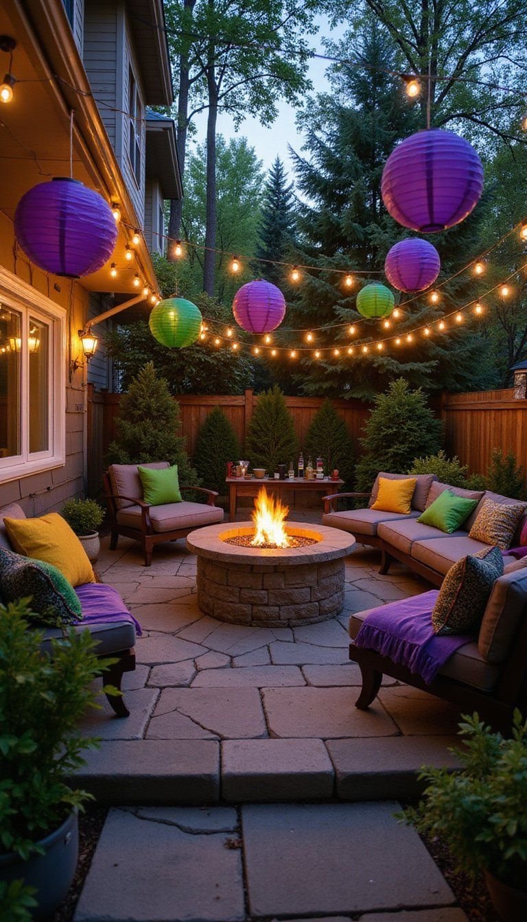 Outdoor Night Party With String Lights And Lanterns