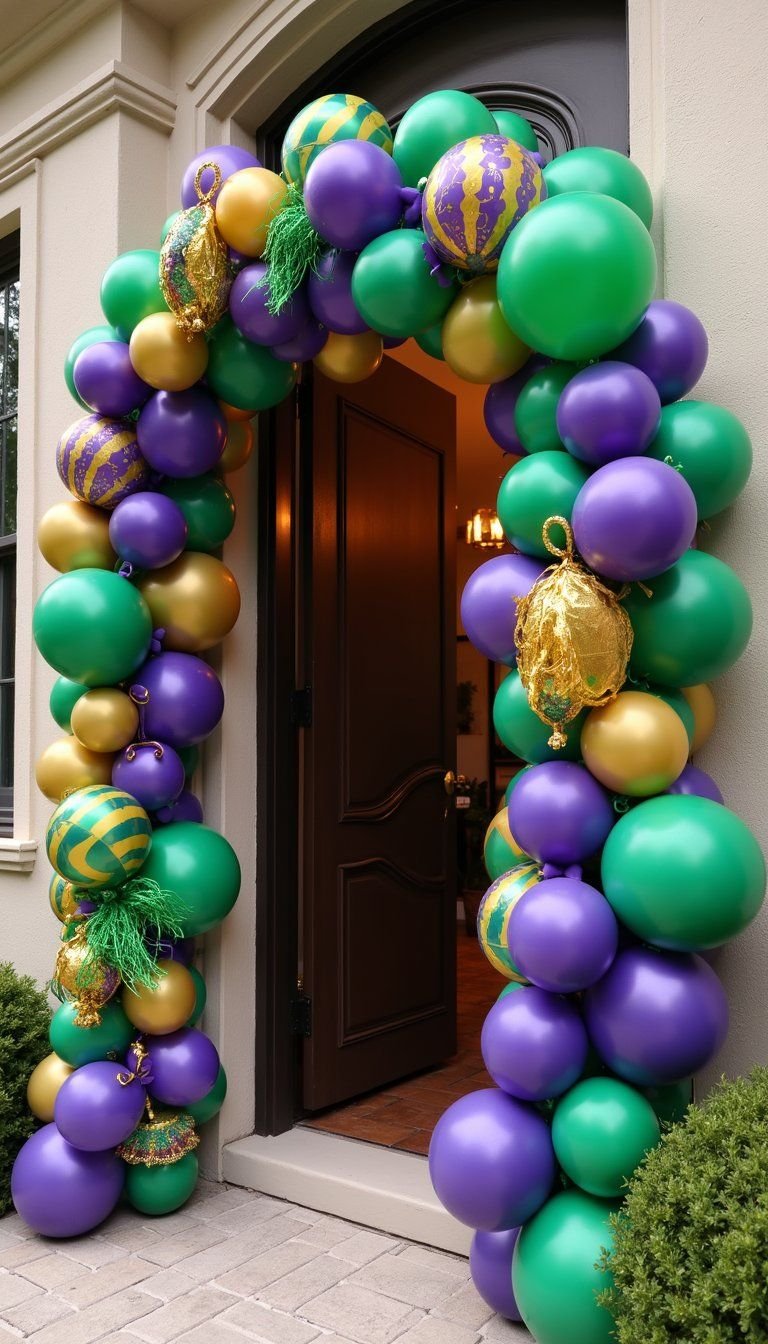 Purple Gold Green Balloon Arch Entrance Statement