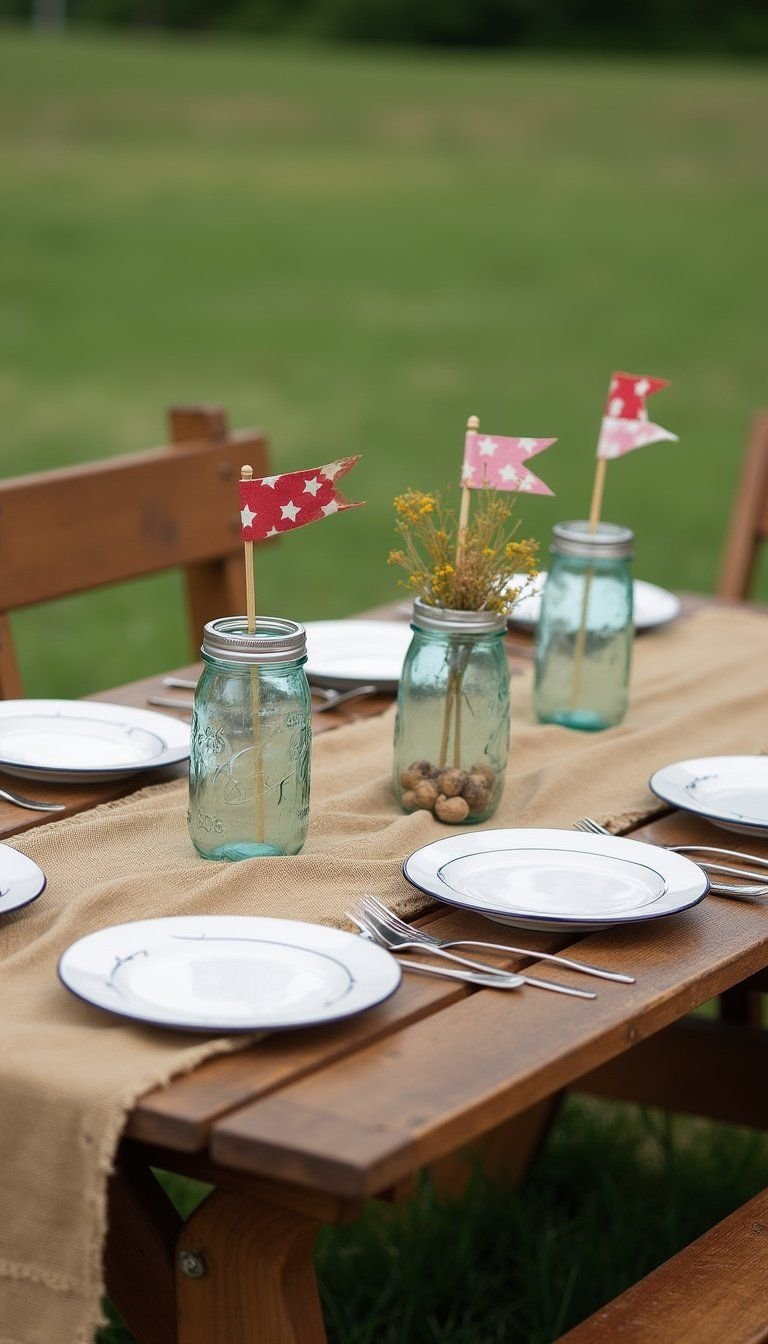 Rustic Picnic Table With Burlap And Flags