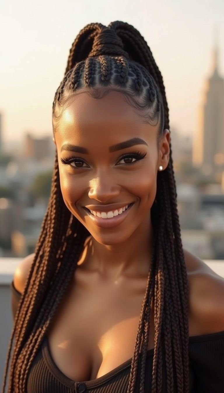 Micro Braids Pulled Into High Slick Ponytail