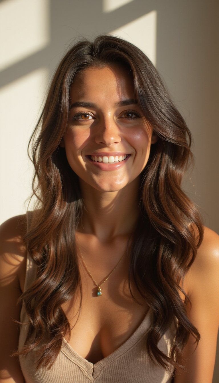 Center Parted Long Layers With Subtle Highlights