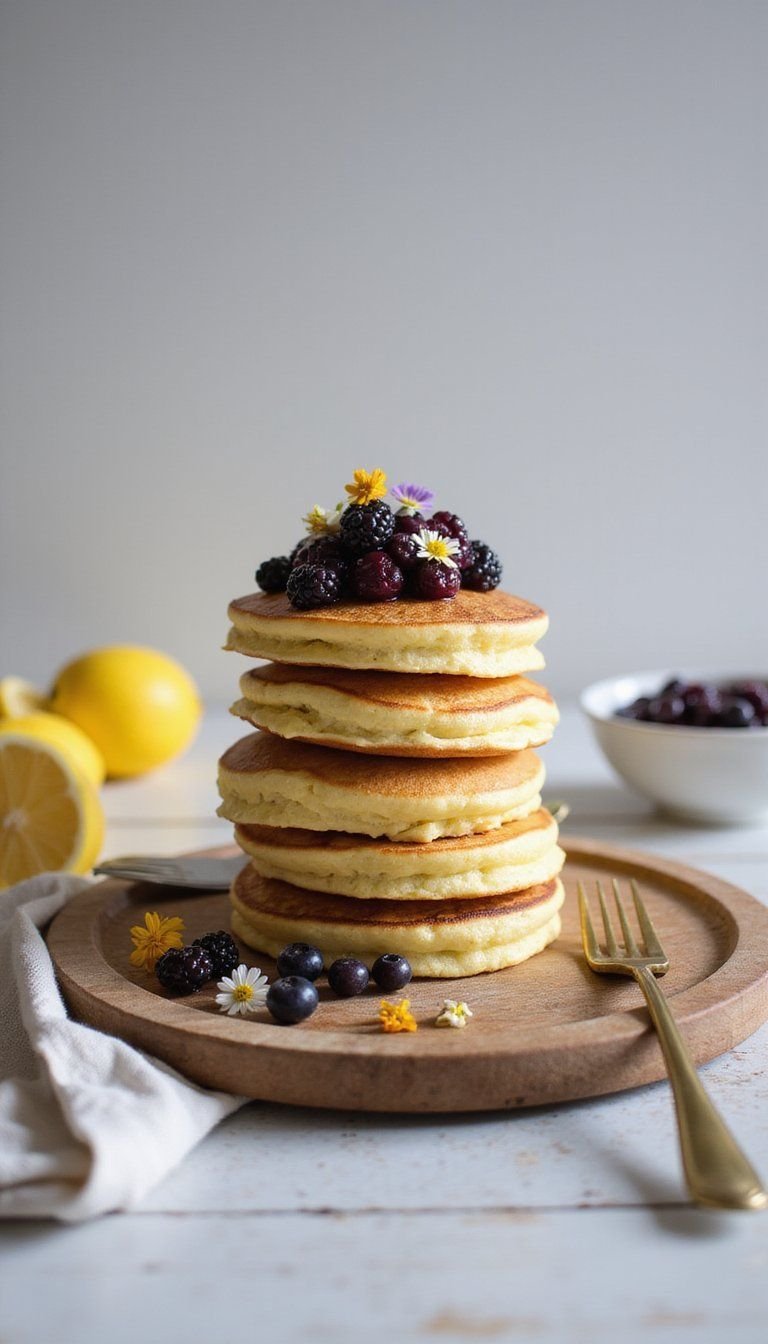Lemon Ricotta Pancake Stack With Edible Flowers