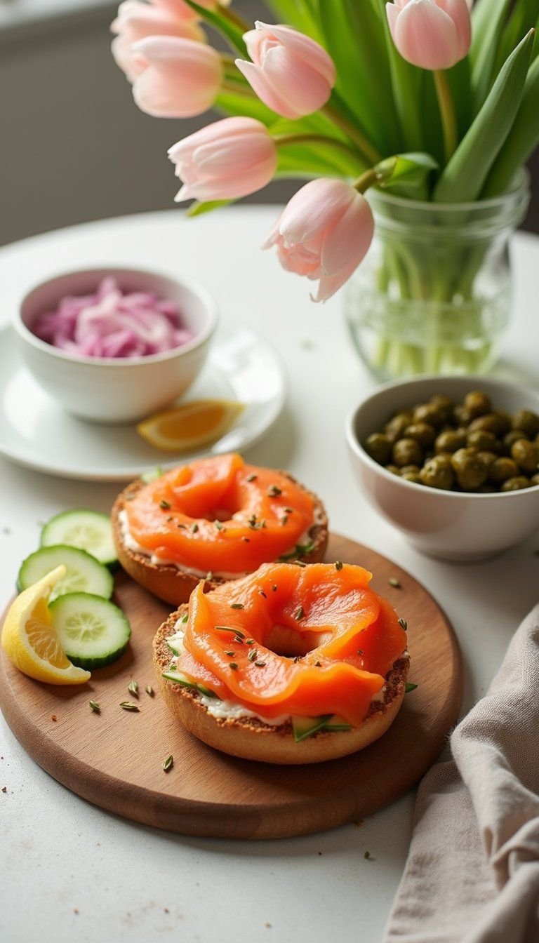 Smoked Salmon Bagel Board With Colorful Toppings