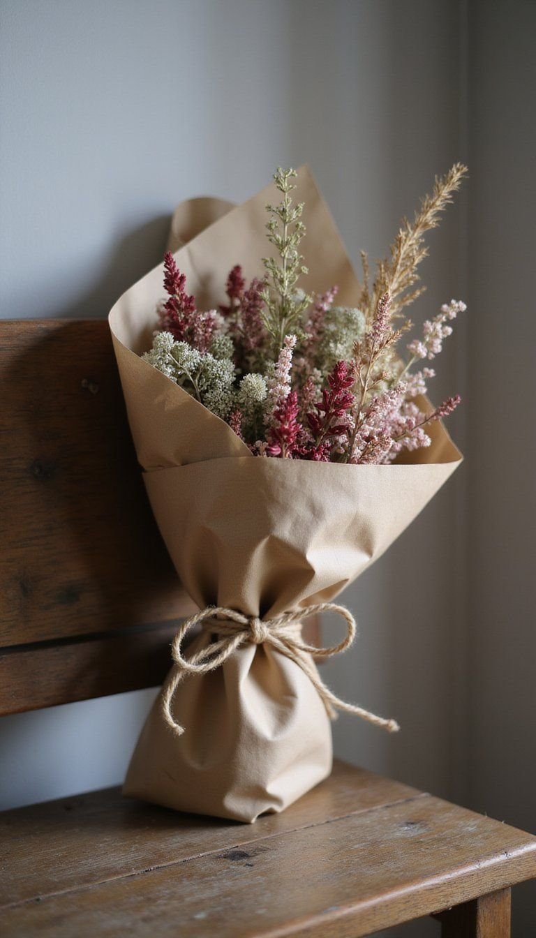 Dried Flower Bouquet Wrapped In Rustic Paper