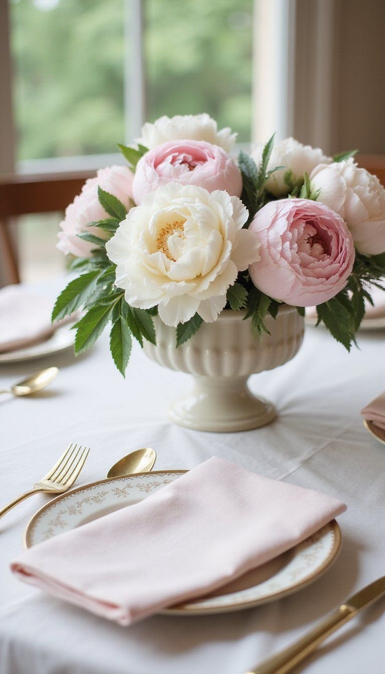 Peony-Filled Pastel Centerpiece For Brunch Table