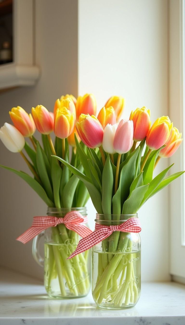 Sunny Mixed Tulip Mason Jar Display For Kitchen