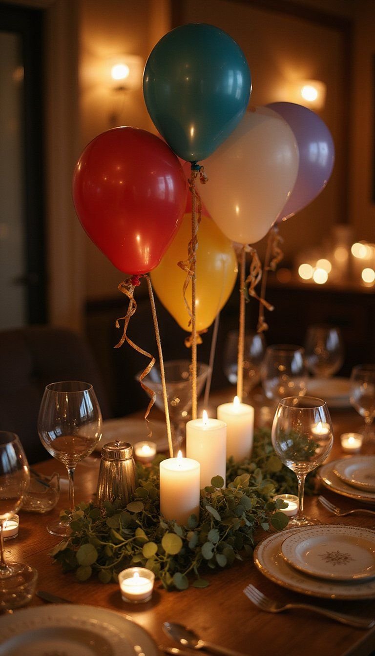 Balloon Centerpieces With Candles And Greenery