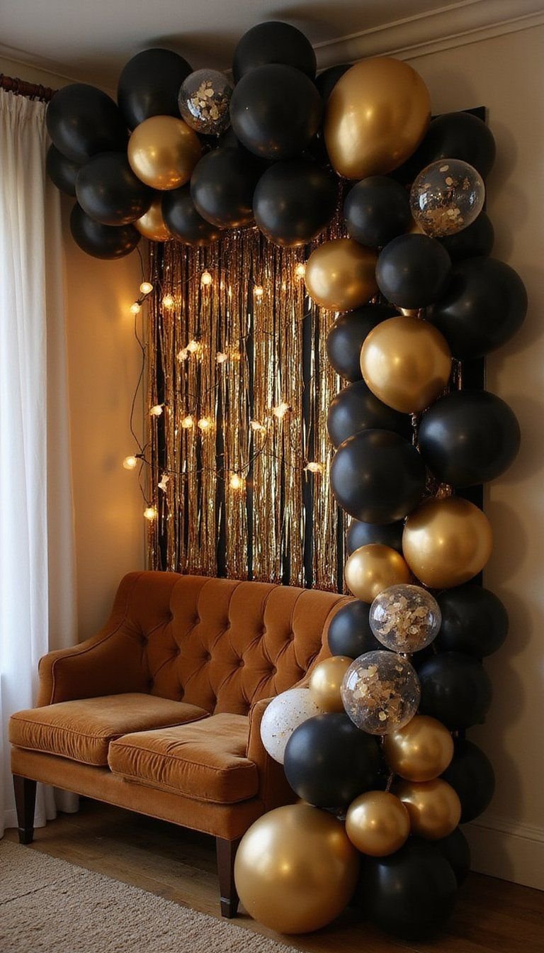 Glam Gold And Black Balloon Arch Backdrop