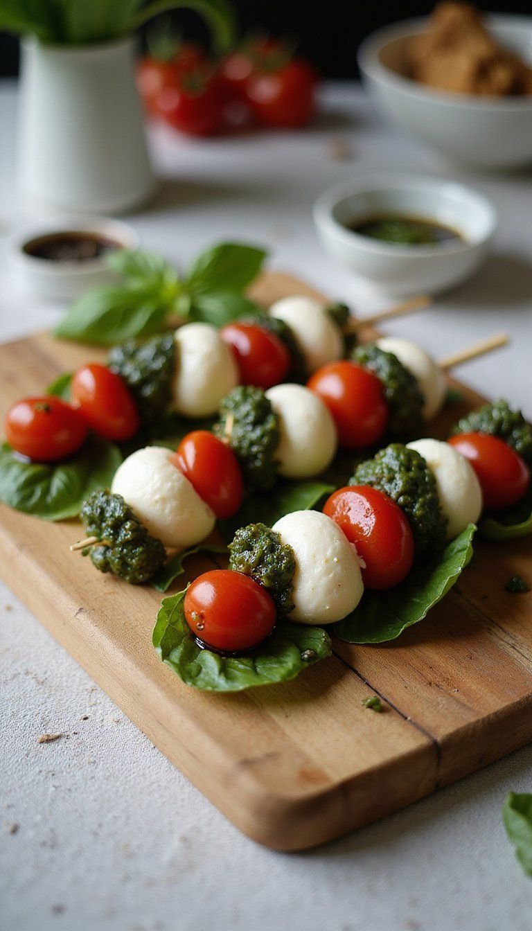Caprese Skewers With Balsamic Pearls And Basil