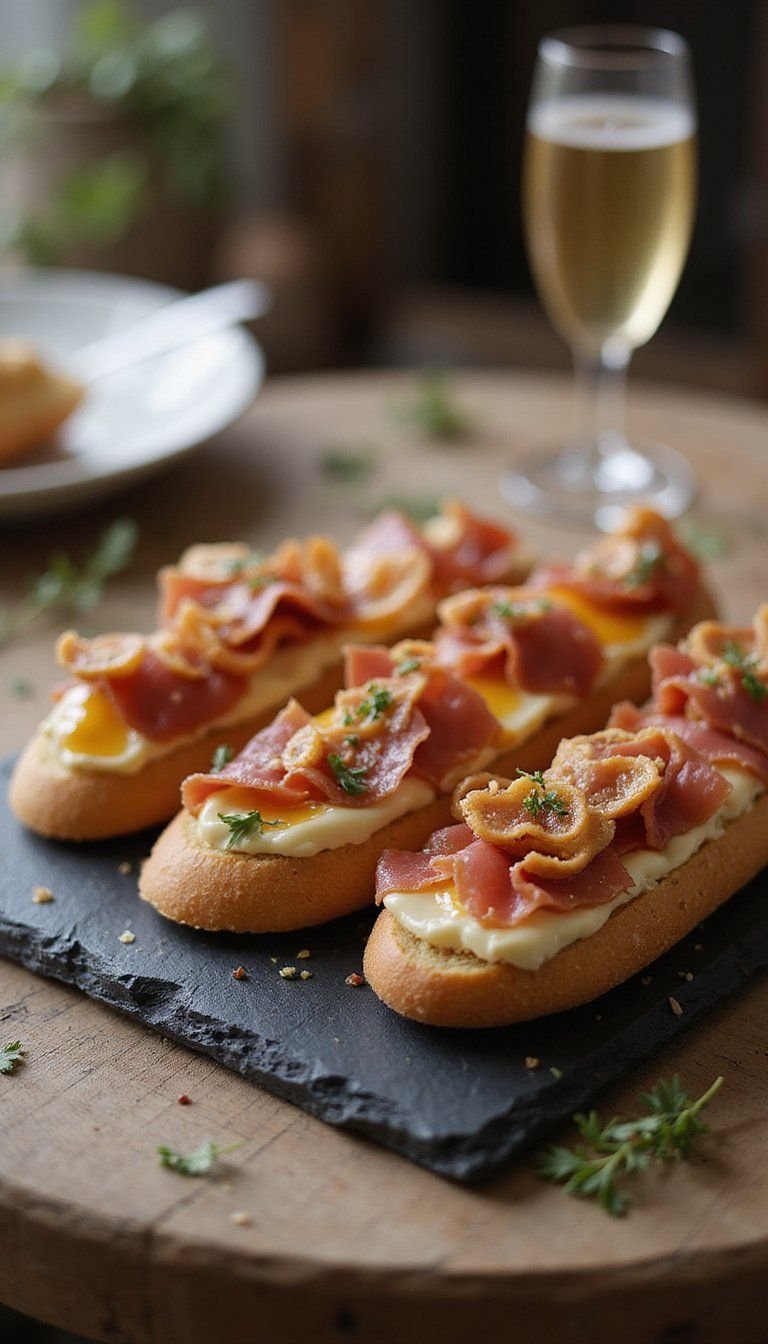 Champagne Prosciutto And Brie Crostini With Honey Drizzle