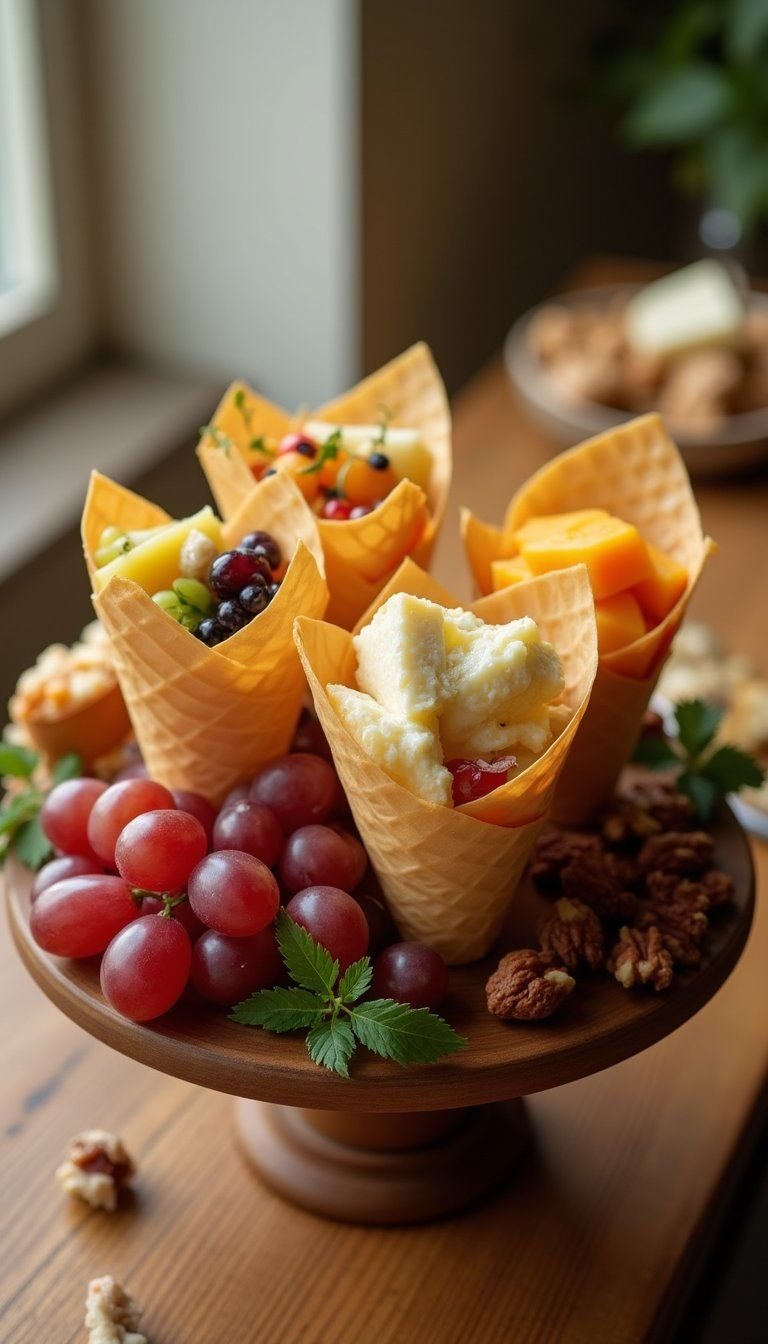 Mini Cheese And Charcuterie Cones With Grapes