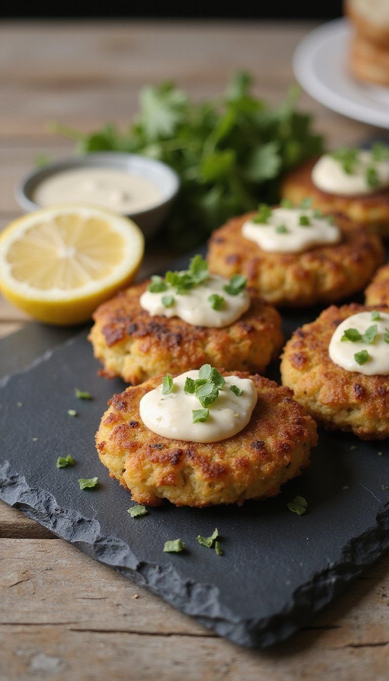 Mini Crab Cakes With Lemon Aioli On Slate