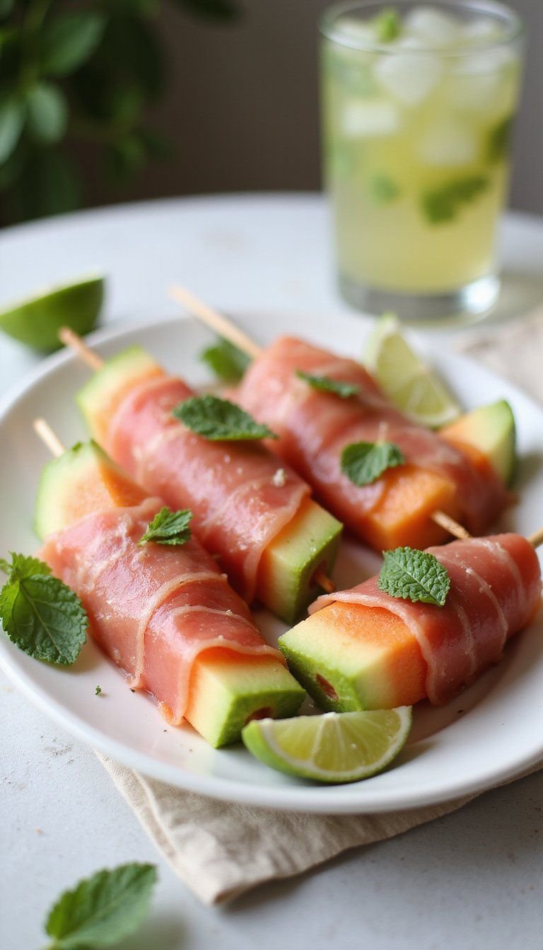 Prosciutto Melon Skewers With Mint And Lime
