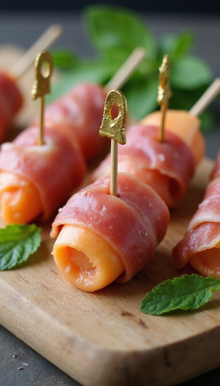 Prosciutto-Wrapped Melon with Mint Skewers