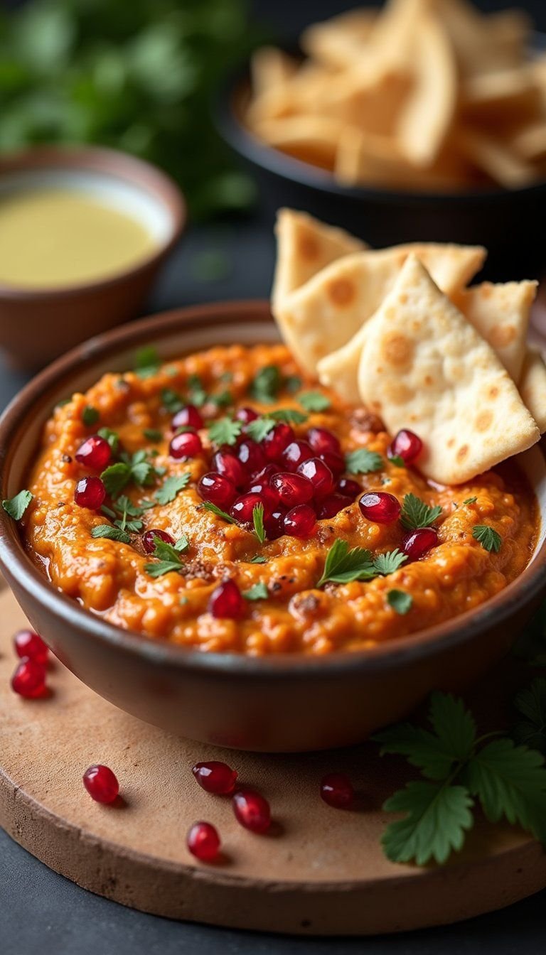 Smoky Baba Ganoush with Pita Crisps and Garnish
