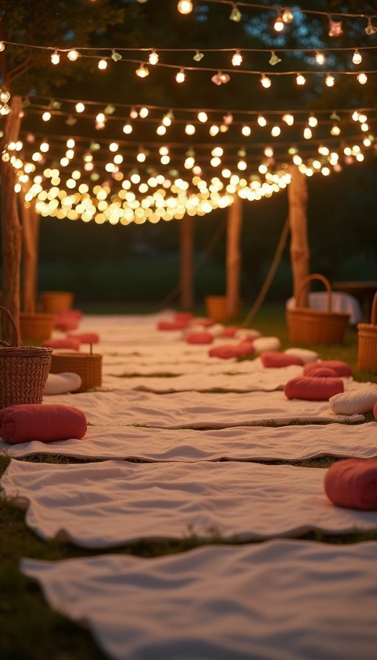 Fairy Light Canopy Over Picnic Blanket Rows