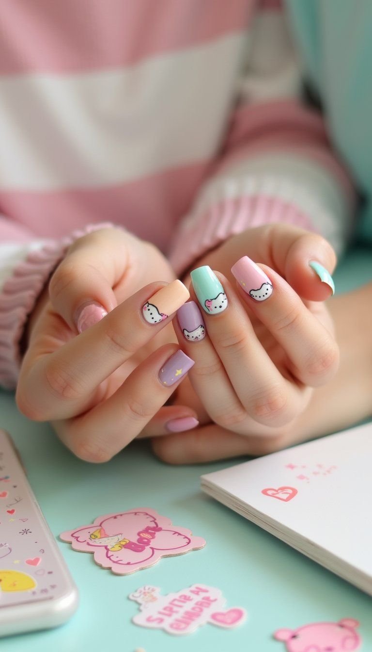 Cute Kawaii Pastel Character Nail Accents