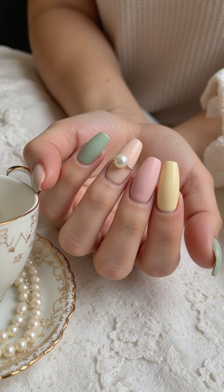 Matte Pastel Almond Nails With Pearl Detail