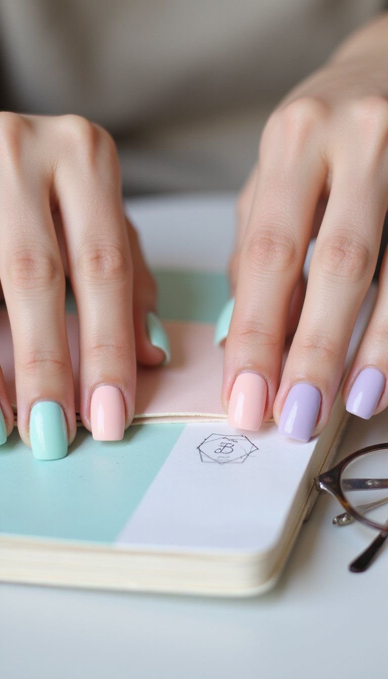 Pastel Geometric Blocks On Short Nails