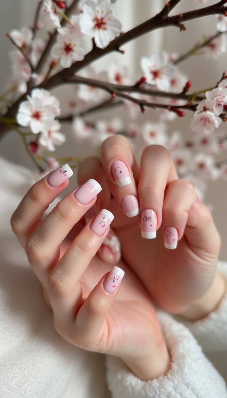 Tiny Hand-Painted Cherry Blossom Nail Designs