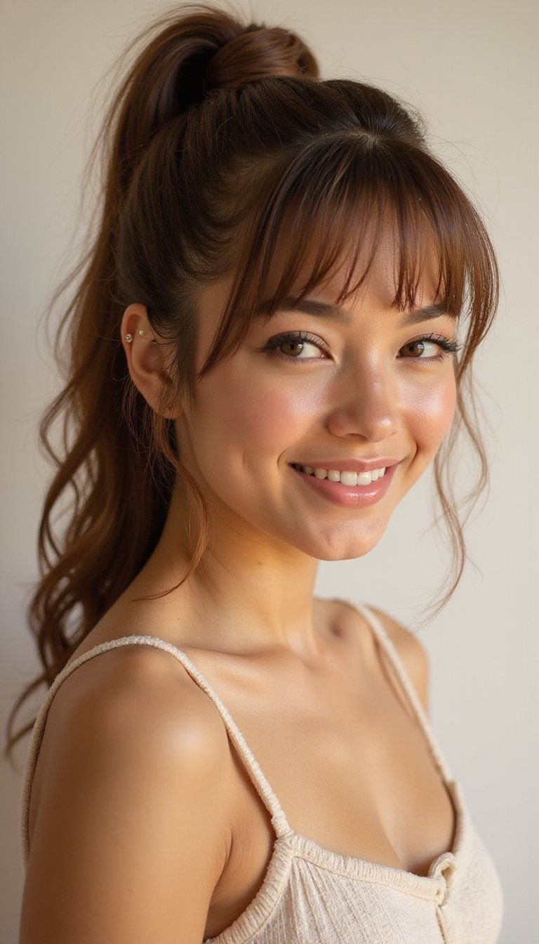 High Ponytail Highlighting Piecey Bangs Fringe